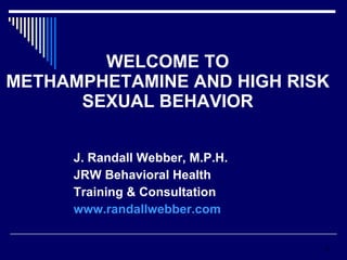 WELCOME TO METHAMPHETAMINE AND HIGH RISK SEXUAL BEHAVIOR J. Randall Webber, M.P.H. JRW Behavioral Health  Training & Consultation www.randallwebber.com 