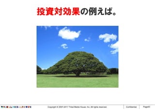 投資対効果の例えば。




 Copyright © 2007-2011 Tribal Media House, Inc. All rights reserved.   Confidential   Page43
 