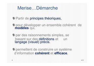Partir de principes théoriques,
pour développer un ensemble cohérent de
modèles qui,
par des raisonnements simples, se
basant sur des définitions et un
langage (visuel) précis,
permettent de construire un système
d’information cohérent et efficace.
26
Merise…Démarche
 