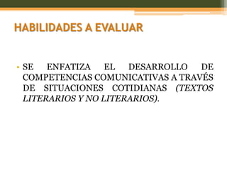 HABILIDADES A EVALUAR


• SE   ENFATIZA    EL  DESARROLLO  DE
  COMPETENCIAS COMUNICATIVAS A TRAVÉS
  DE SITUACIONES COTIDIANAS (TEXTOS
  LITERARIOS Y NO LITERARIOS).
 