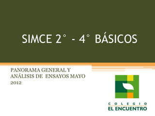 SIMCE 2° - 4° BÁSICOS

PANORAMA GENERAL Y
ANÁLISIS DE ENSAYOS MAYO
2012
 