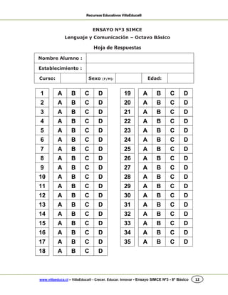 Recursos Educativos VillaEduca®
www.villaeduca.cl – VillaEduca® - Crecer. Educar. Innovar - Ensayo SIMCE Nº3 - 8º Básico 12
ENSAYO Nº3 SIMCE
Lenguaje y Comunicación – Octavo Básico
Hoja de Respuestas
Nombre Alumno :
Establecimiento :
Curso: Sexo (F/M): Edad:
1 A B C D 19 A B C D
2 A B C D 20 A B C D
3 A B C D 21 A B C D
4 A B C D 22 A B C D
5 A B C D 23 A B C D
6 A B C D 24 A B C D
7 A B C D 25 A B C D
8 A B C D 26 A B C D
9 A B C D 27 A B C D
10 A B C D 28 A B C D
11 A B C D 29 A B C D
12 A B C D 30 A B C D
13 A B C D 31 A B C D
14 A B C D 32 A B C D
15 A B C D 33 A B C D
16 A B C D 34 A B C D
17 A B C D 35 A B C D
18 A B C D
 