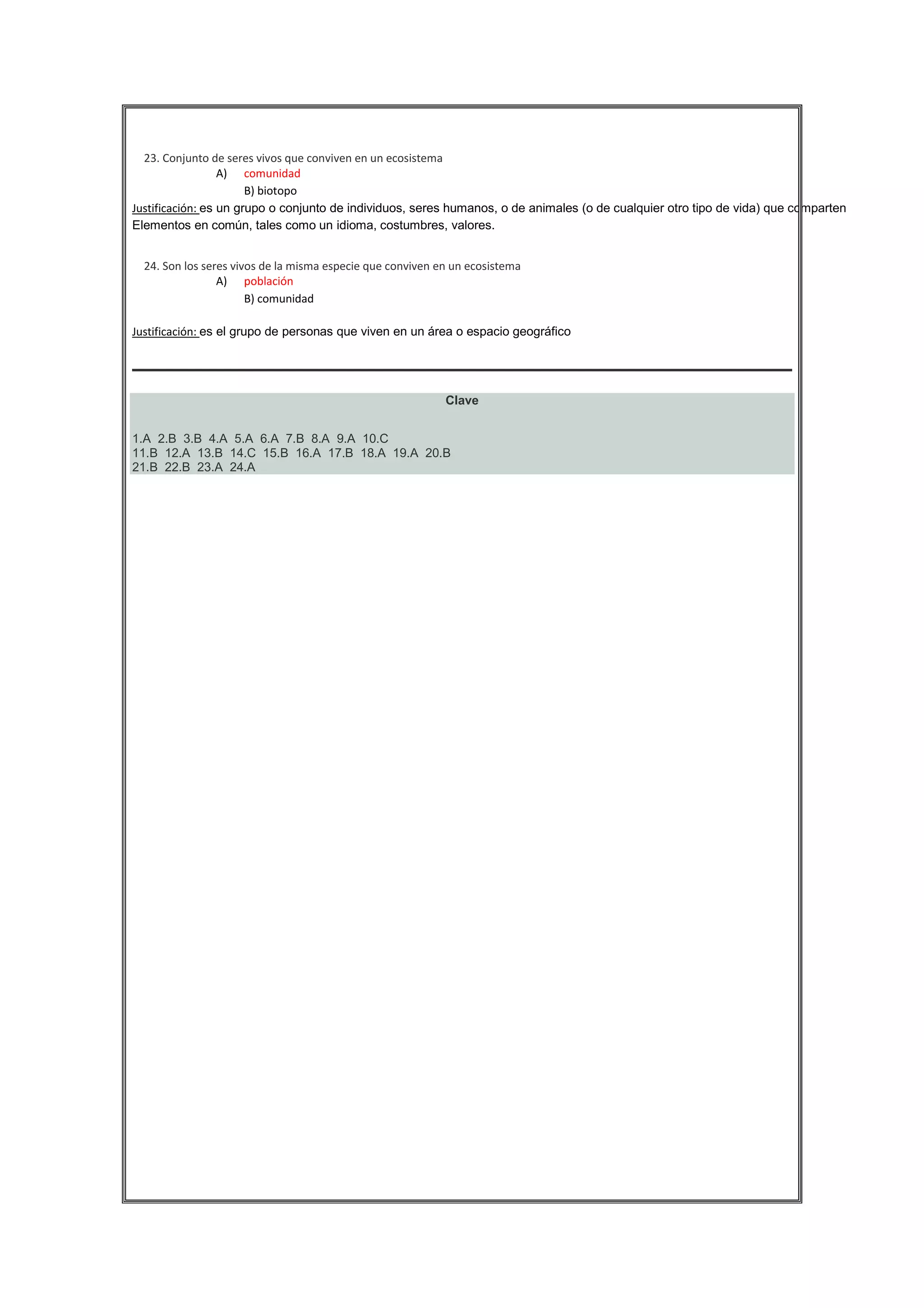 





23. Conjunto de seres vivos que conviven en un ecosistema
A) comunidad
B) biotopo
Justificación: es un grupo o conjunto de individuos, seres humanos, o de animales (o de cualquier otro tipo de vida) que comparten
Elementos en común, tales como un idioma, costumbres, valores.
24. Son los seres vivos de la misma especie que conviven en un ecosistema
A) población
B) comunidad
Justificación: es el grupo de personas que viven en un área o espacio geográfico

Clave
1.A 2.B 3.B 4.A 5.A 6.A 7.B 8.A 9.A 10.C
11.B 12.A 13.B 14.C 15.B 16.A 17.B 18.A 19.A 20.B
21.B 22.B 23.A 24.A

 