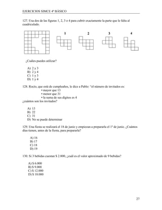 EJERCICIOS SIMCE 4º BÁSICO

127. Usa dos de las figuras 1, 2, 3 o 4 para cubrir exactamente la parte que le falta al
cuadriculado.




  ¿Cuáles puedes utilizar?

   A)   2y3
   B)   2y4
   C)   1y3
   D)   1y4

128. Rocío, que está de cumpleaños, le dice a Pablo: “el número de invitados es:
              • mayor que 13
              • menor que 31
              • la suma de sus dígitos es 4
¿cuántos son los invitados?

   A)   13
   B)   22
   C)   31
   D)   No se puede determinar

129. Una fiesta se realizará el 18 de junio y empiezan a prepararla el 1º de junio. ¿Cuántos
días tienen, antes de la fiesta, para prepararla?

      A) 16
      B) 17
      C) 18
      D) 19

130. Si 3 bebidas cuestan $ 2.800, ¿cuál es el valor aproximado de 9 bebidas?

    A) $ 6.000
    B) $ 9.000
    C) $ 12.000
    D) $ 18.000




                                                                                           27
 
