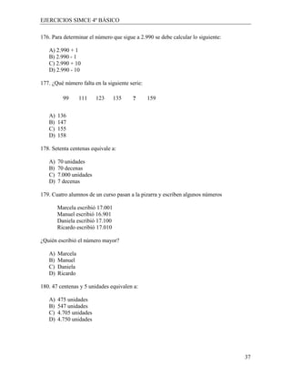 EJERCICIOS SIMCE 4º BÁSICO

176. Para determinar el número que sigue a 2.990 se debe calcular lo siguiente:

   A) 2.990 + 1
   B) 2.990 - 1
   C) 2.990 + 10
   D) 2.990 - 10

177. ¿Qué número falta en la siguiente serie:

          99      111    123      135   ?       159


   A)   136
   B)   147
   C)   155
   D)   158

178. Setenta centenas equivale a:

   A)   70 unidades
   B)   70 decenas
   C)   7.000 unidades
   D)   7 decenas

179. Cuatro alumnos de un curso pasan a la pizarra y escriben algunos números

        Marcela escribió 17.001
        Manuel escribió 16.901
        Daniela escribió 17.100
        Ricardo escribió 17.010

¿Quién escribió el número mayor?

   A)   Marcela
   B)   Manuel
   C)   Daniela
   D)   Ricardo

180. 47 centenas y 5 unidades equivalen a:

   A)   475 unidades
   B)   547 unidades
   C)   4.705 unidades
   D)   4.750 unidades




                                                                                  37
 