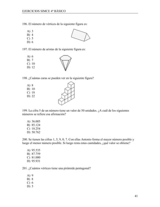 EJERCICIOS SIMCE 4º BÁSICO



196. El número de vértices de la siguiente figura es:

   A)   3
   B)   4
   C)   5
   D)   6

197. El número de aristas de la siguiente figura es:

   A)   6
   B)   7
   C)   10
   D)   12


198. ¿Cuántas caras se pueden ver en la siguiente figura?

   A)   8
   B)   10
   C)   18
   D)   22



199. La cifra 5 de un número tiene un valor de 50 unidades. ¿A cuál de los siguientes
números se refiere esa afirmación?

   A)   36.005
   B)   85.124
   C)   18.254
   D)   50.762

200. Se tienen las cifras 1, 5, 9, 0, 7. Con ellas Antonio forma el mayor número posible y
luego el menor número posible. Si luego resta estas cantidades, ¿qué valor se obtiene?

   A)   95.535
   B)   87.759
   C)   81.000
   D)   95.931

201. ¿Cuántos vértices tiene una pirámide pentagonal?

   A)   9
   B)   8
   C)   6
   D)   5


                                                                                             41
 