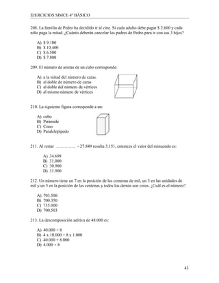 EJERCICIOS SIMCE 4º BÁSICO

208. La familia de Pedro ha decidido ir al cine. Si cada adulto debe pagar $ 2.600 y cada
niño paga la mitad. ¿Cuánto deberán cancelar los padres de Pedro para ir con sus 3 hijos?

   A)   $ 9.100
   B)   $ 10.400
   C)   $ 6.500
   D)   $ 7.800

209. El número de aristas de un cubo corresponde:

   A)   a la mitad del número de caras.
   B)   al doble de número de caras
   C)   al doble del número de vértices
   D)   al mismo número de vértices


210. La siguiente figura corresponde a un:

   A)   cubo
   B)   Pirámide
   C)   Cono
   D)   Paralelepípedo


211. Al restar ………….. - 27.849 resulta 3.151, entonces el valor del minuendo es:

        A)   34.698
        B)   31.000
        C)   30.900
        D)   31.900

212. Un número tiene un 7 en la posición de las centenas de mil, un 3 en las unidades de
mil y un 5 en la posición de las centenas y todos los demás son ceros. ¿Cuál es el número?

   A)   703.500
   B)   700.350
   C)   735.000
   D)   700.503

213. La descomposición aditiva de 48.000 es:

   A)   40.000 + 8
   B)   4 x 10.000 + 8 x 1.000
   C)   40.000 + 8.000
   D)   4.000 + 8




                                                                                            43
 