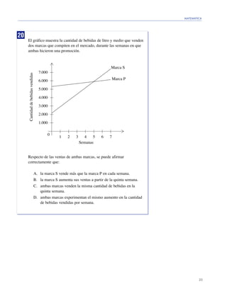MATEMÁTICA




20
     El gráfico muestra la cantidad de bebidas de litro y medio que venden
     dos marcas que compiten en el mercado, durante las semanas en que
     ambas hicieron una promoción.



                                                                          Marca S
                                    7.000
     Cantidad de bebidas vendidas




                                    6.000                                     Marca P

                                    5.000

                                    4.000

                                    3.000

                                    2.000

                                    1.000

                                        0
                                            1    2    3     4    5   6    7
                                                          Semanas


     Respecto de las ventas de ambas marcas, se puede afirmar
     correctamente que:

                             A. la marca S vende más que la marca P en cada semana.
                             B. la marca S aumenta sus ventas a partir de la quinta semana.
                             C. ambas marcas venden la misma cantidad de bebidas en la
                                quinta semana.
                             D. ambas marcas experimentan el mismo aumento en la cantidad
                                de bebidas vendidas por semana.




                                                                                                      20
 