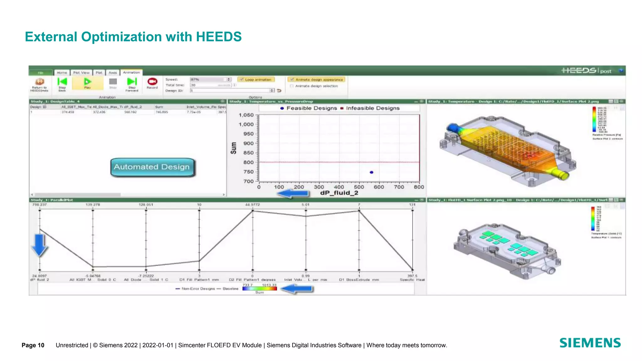 External Optimization with HEEDS
Unrestricted | © Siemens 2022 | 2022-01-01 | Simcenter FLOEFD EV Module | Siemens Digital Industries Software | Where today meets tomorrow.
Page 10
 