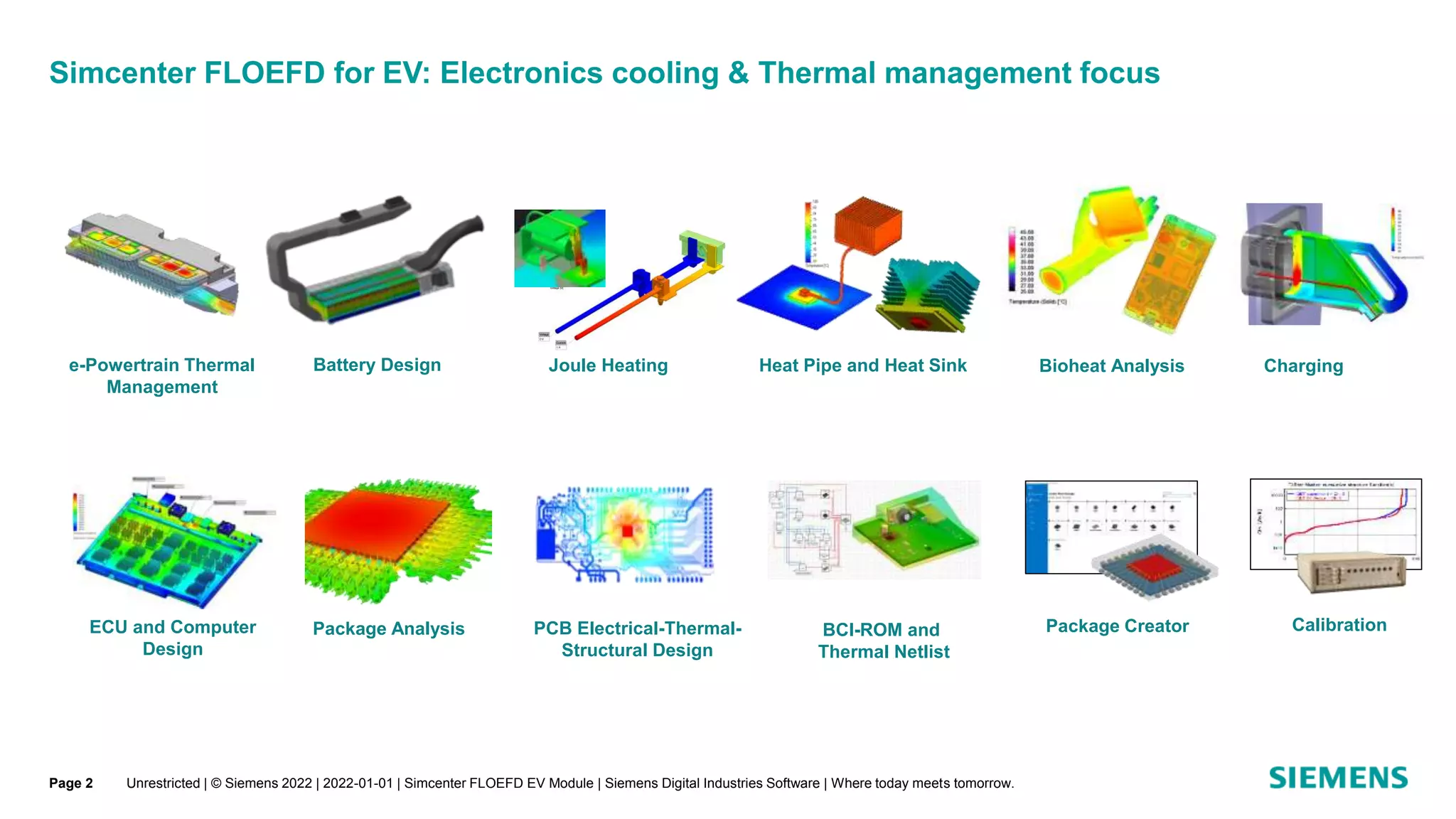 Simcenter FLOEFD for EV: Electronics cooling & Thermal management focus
Unrestricted | © Siemens 2022 | 2022-01-01 | Simcenter FLOEFD EV Module | Siemens Digital Industries Software | Where today meets tomorrow.
Package Analysis
Battery Design Charging
e-Powertrain Thermal
Management
Bioheat Analysis
ECU and Computer
Design
PCB Electrical-Thermal-
Structural Design
Heat Pipe and Heat Sink
Joule Heating
Package Creator
BCI-ROM and
Thermal Netlist
Calibration
Page 2
 