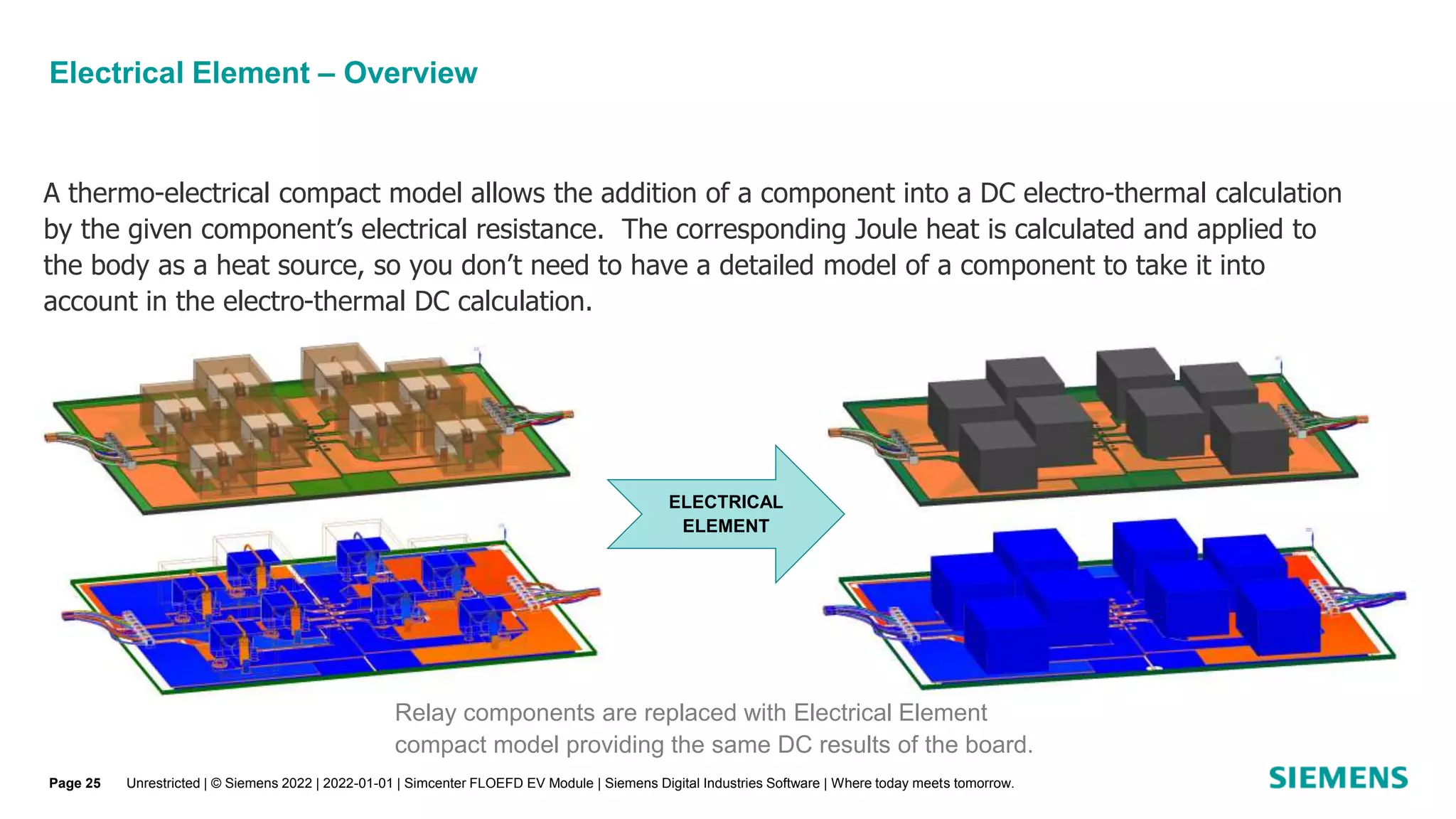 Electrical Element – Overview
Unrestricted | © Siemens 2022 | 2022-01-01 | Simcenter FLOEFD EV Module | Siemens Digital Industries Software | Where today meets tomorrow.
A thermo-electrical compact model allows the addition of a component into a DC electro-thermal calculation
by the given component’s electrical resistance. The corresponding Joule heat is calculated and applied to
the body as a heat source, so you don’t need to have a detailed model of a component to take it into
account in the electro-thermal DC calculation.
ELECTRICAL
ELEMENT
Relay components are replaced with Electrical Element
compact model providing the same DC results of the board.
Page 25
 