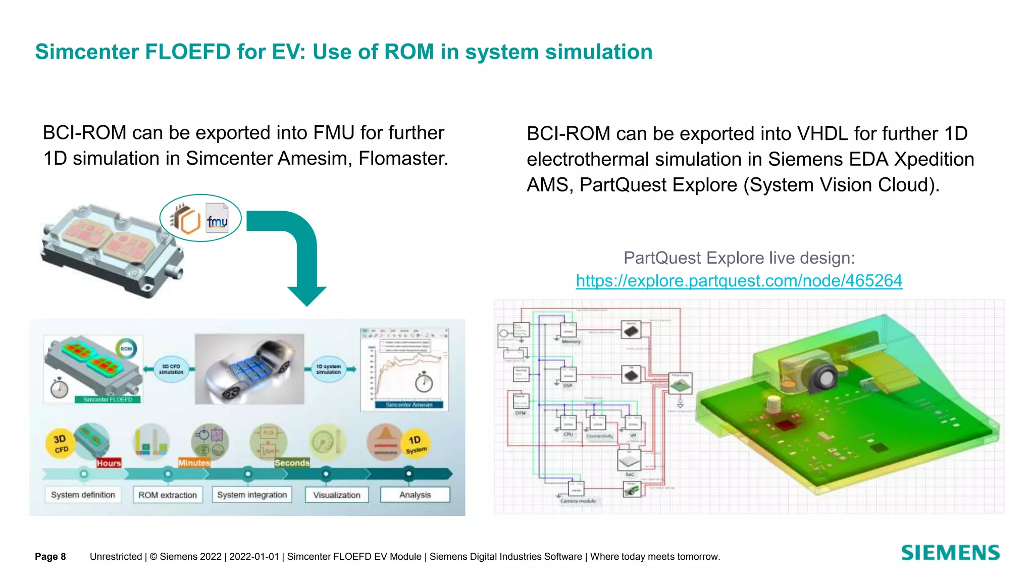 Simcenter FLOEFD for EV: Use of ROM in system simulation
Unrestricted | © Siemens 2022 | 2022-01-01 | Simcenter FLOEFD EV Module | Siemens Digital Industries Software | Where today meets tomorrow.
Page 8
BCI-ROM can be exported into FMU for further
1D simulation in Simcenter Amesim, Flomaster.
BCI-ROM can be exported into VHDL for further 1D
electrothermal simulation in Siemens EDA Хpedition
AMS, PartQuest Explore (System Vision Cloud).
PartQuest Explore live design:
https://explore.partquest.com/node/465264
 