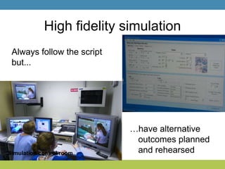 High fidelity simulation
Always follow the script
but...
…have alternative
outcomes planned
and rehearsedSimulation control room
 
