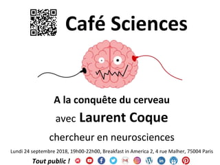 Café Sciences
A la conquête du cerveau
avec Laurent Coque
chercheur en neurosciences
Lundi 24 septembre 2018, 19h00-22h00, Breakfast in America 2, 4 rue Malher, 75004 Paris
Tout public !
 