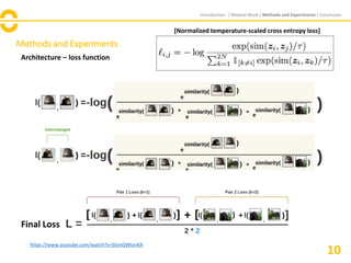 Methods and Experiments
Introduction / Related Work / Methods and Experiments / Conclusion
10
https://www.youtube.com/watch?v=5lsmGWtxnKA
Final Loss
Architecture – loss function
[Normalized temperature-scaled cross entropy loss]
 