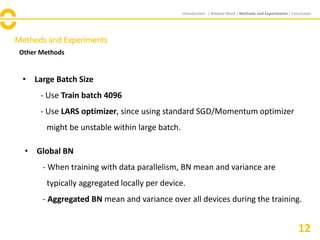 Methods and Experiments
Other Methods
Introduction / Related Work / Methods and Experiments / Conclusion
12
• Large Batch Size
- Use Train batch 4096
- Use LARS optimizer, since using standard SGD/Momentum optimizer
might be unstable within large batch.
• Global BN
- When training with data parallelism, BN mean and variance are
typically aggregated locally per device.
- Aggregated BN mean and variance over all devices during the training.
 