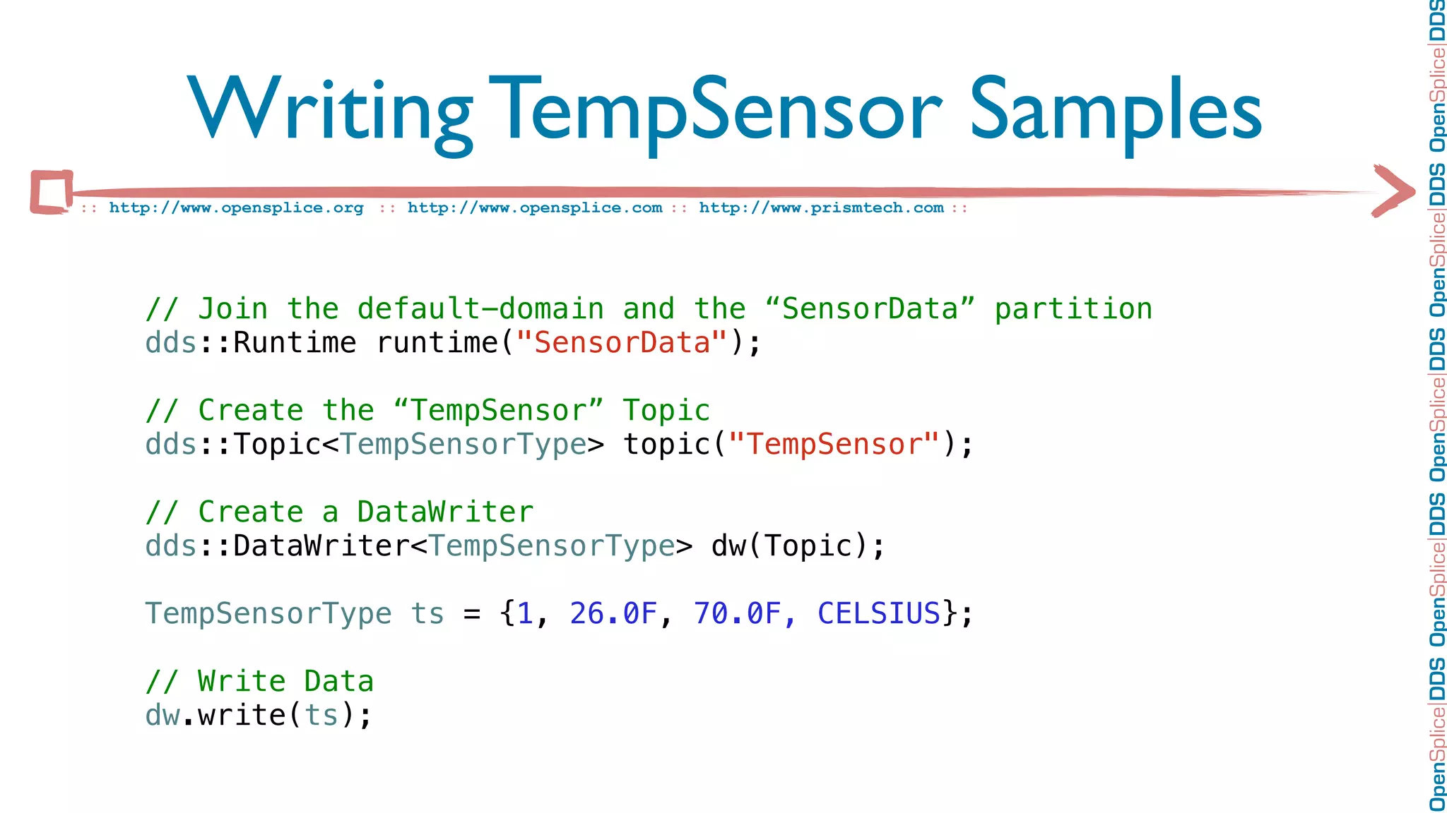 OpenSplice DDS OpenSplice DDS OpenSplice DDS OpenSplice DDS OpenSplice DD
          Writing TempSensor Samples
:: http://www.opensplice.org :: http://www.opensplice.com :: http://www.prismtech.com ::




      // Join the default-domain and the “SensorData” partition
      dds::Runtime runtime("SensorData");

      // Create the “TempSensor” Topic
      dds::Topic<TempSensorType> topic("TempSensor");

      // Create a DataWriter
      dds::DataWriter<TempSensorType> dw(Topic);

      TempSensorType ts = {1, 26.0F, 70.0F, CELSIUS};

      // Write Data
      dw.write(ts);
 
