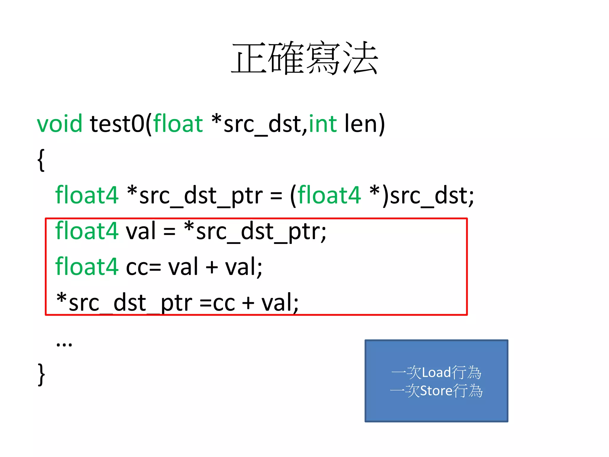 正確寫法
void test0(float *src_dst,int len)
{
float4 *src_dst_ptr = (float4 *)src_dst;
float4 val = *src_dst_ptr;
float4 cc= val + val;
*src_dst_ptr =cc + val;
…
} 一次Load行為
一次Store行為
 