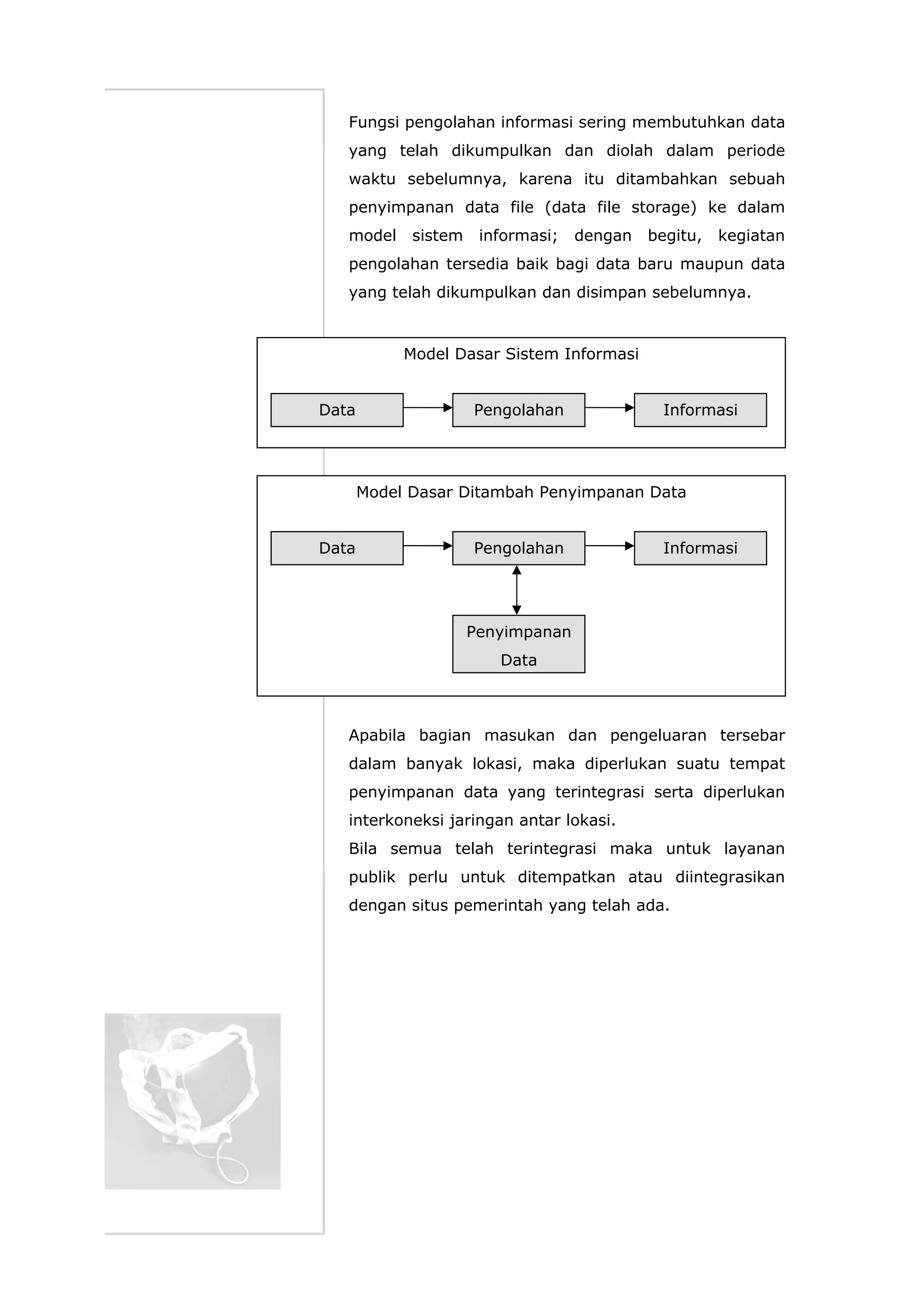 Fungsi pengolahan informasi sering membutuhkan data
yang telah dikumpulkan dan diolah dalam periode
waktu sebelumnya, karena itu ditambahkan sebuah
penyimpanan data file (data file storage) ke dalam
model sistem informasi; dengan begitu, kegiatan
pengolahan tersedia baik bagi data baru maupun data
yang telah dikumpulkan dan disimpan sebelumnya.
Pengolahan InformasiData
Model Dasar Sistem Informasi
Pengolahan
Penyimpanan
Data
InformasiData
Model Dasar Ditambah Penyimpanan Data
Apabila bagian masukan dan pengeluaran tersebar
dalam banyak lokasi, maka diperlukan suatu tempat
penyimpanan data yang terintegrasi serta diperlukan
interkoneksi jaringan antar lokasi.
Bila semua telah terintegrasi maka untuk layanan
publik perlu untuk ditempatkan atau diintegrasikan
dengan situs pemerintah yang telah ada.
 