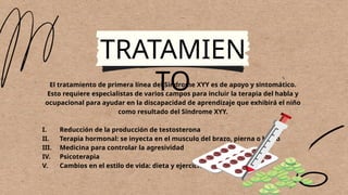 El tratamiento de primera línea del Síndrome XYY es de apoyo y sintomático.
Esto requiere especialistas de varios campos para incluir la terapia del habla y
ocupacional para ayudar en la discapacidad de aprendizaje que exhibirá el niño
como resultado del Síndrome XYY.
I. Reducción de la producción de testosterona
II. Terapia hormonal: se inyecta en el musculo del brazo, pierna o brazo
III. Medicina para controlar la agresividad
IV. Psicoterapia
V. Cambios en el estilo de vida: dieta y ejercicio
TRATAMIEN
TO
 