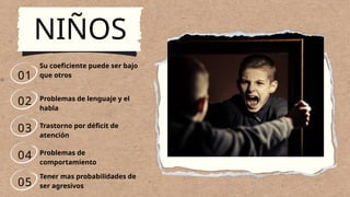 02
01
03
05
04
NIÑOS
Su coeficiente puede ser bajo
que otros
Problemas de
comportamiento
Problemas de lenguaje y el
habla
Trastorno por déficit de
atención
Tener mas probabilidades de
ser agresivos
 