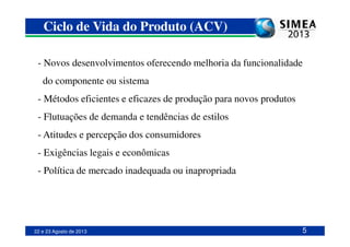 - Novos desenvolvimentos oferecendo melhoria da funcionalidade
do componente ou sistema
- Métodos eficientes e eficazes de produção para novos produtos
- Flutuações de demanda e tendências de estilos
Ciclo de Vida do Produto (ACV)
22 e 23 Agosto de 2013
- Atitudes e percepção dos consumidores
- Exigências legais e econômicas
- Política de mercado inadequada ou inapropriada
5
 