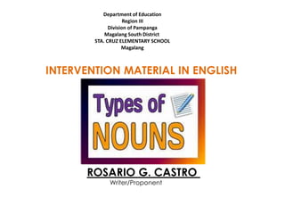 INTERVENTION MATERIAL IN ENGLISH
ROSARIO G. CASTRO
Writer/Proponent
Department of Education
Region III
Division of Pampanga
Magalang South District
STA. CRUZ ELEMENTARY SCHOOL
Magalang
 