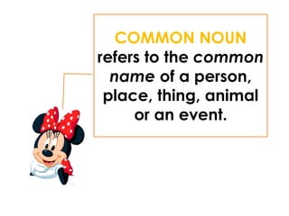 COMMON NOUN
refers to the common
name of a person,
place, thing, animal
or an event.
 