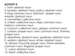 ACTIVITY II
1. truth: abstract noun
2. honesty: abstract noun, policy: abstract noun
3. King: common noun, Solomon: proper noun,
wisdom: abstract noun
4. committee: collective noun
5. a fleet: collective noun, ships: common noun,
harbour: common noun
6. a bunch: collective noun, grapes: common noun
7. London: proper noun, river: common noun, Thames:
proper noun
8. cleanliness: abstract noun, godliness: abstract noun
9. wisdom: abstract noun, riches: abstract noun
10. Winston Churchill: proper noun, Prime Ministers:
common noun, England: proper noun
11. voice: abstract noun
12. team: collective noun
 