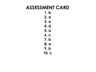ASSESSMENT CARD
1. b
2. a
3. a
4. d
5. a
6. c
7. b
8. a
9. b
10. c
 