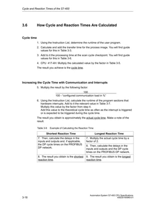 Cycle and Reaction Times of the S7-400

3.6

How Cycle and Reaction Times Are Calculated

Cycle time
1. Using the Instruction List, determine the runtime of the user program.
2. Calculate and add the transfer time for the process image. You will find guide
values for this in Table 3-3.
3. Add to it the processing time at the scan cycle checkpoint. You will find guide
values for this in Table 3-6.
4. CPU 417-4H: Multiply the calculated value by the factor in Table 3-5.
The result you achieve is the cycle time.

Increasing the Cycle Time with Communication and Interrupts
5. Multiply the result by the following factor:
100
100 - “configured communication load in %”
6. Using the Instruction List, calculate the runtime of the program sections that
hardware interrupts. Add to it the relevant value in Table 3-7.
Multiply this value by the factor from step 4.
Add this value to the theoretical cycle time as often as the interrupt is triggered
or is expected to be triggered during the cycle time.
The result you obtain is approximately the actual cycle time. Make a note of the
result.
Table 3-9

Example of Calculating the Reaction Time

Shortest Reaction Time

Longest Reaction Time

7. Then, calculate the delays in the
inputs and outputs and, if applicable,
the DP cycle times on the PROFIBUS
DP network.

8. The result you obtain is the shortest
reaction time.

3-18

7. Multiply the actual cycle time by a
factor of 2.

9. The result you obtain is the longest
reaction time.

8. Then, calculate the delays in the
inputs and outputs and the DP cycle
times on the PROFIBUS DP network.

Automation System S7-400 CPU Specifications
A5E00165965-01

 