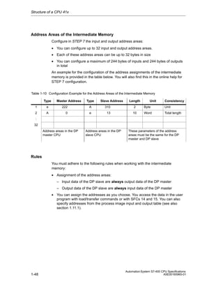 Structure of a CPU 41x

Address Areas of the Intermediate Memory
Configure in STEP 7 the input and output address areas:
• You can configure up to 32 input and output address areas.
• Each of these address areas can be up to 32 bytes in size
• You can configure a maximum of 244 bytes of inputs and 244 bytes of outputs
in total
An example for the configuration of the address assignments of the intermediate
memory is provided in the table below. You will also find this in the online help for
STEP 7 configuration.
Table 1-10 Configuration Example for the Address Areas of the Intermediate Memory
Type

Master Address

Type

Slave Address

Length

Unit

Consistency

1

e

222

A

310

2

Byte

Unit

2

A

0

e

13

10

Word

Total length

:
32
Address areas in the DP
master CPU

Address areas in the DP
slave CPU

These parameters of the address
areas must be the same for the DP
master and DP slave

Rules
You must adhere to the following rules when working with the intermediate
memory:
• Assignment of the address areas:
– Input data of the DP slave are always output data of the DP master
– Output data of the DP slave are always input data of the DP master
• You can assign the addresses as you choose. You access the data in the user
program with load/transfer commands or with SFCs 14 and 15. You can also
specify addresses from the process image input and output table (see also
section 1.11.1).

1-48

Automation System S7-400 CPU Specifications
A5E00165965-01

 