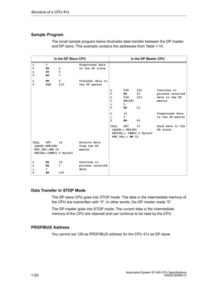 Structure of a CPU 41x

Sample Program
The small sample program below illustrates data transfer between the DP master
and DP slave. This example contains the addresses from Table 1-10.

In the DP Slave CPU
L
T
L
T

2
MB
EB
MB

6
0
7

L
T

MW
PQW

6
310

In the DP Master CPU

Preprocess data
in the DP slave

Transfer data to
the DP master
L
T
L
L
+
T

PIB
MB
PIB
B#16#3
I
MB

L
+
T

10
3
MB

222
50
223

51
Preprocess data
in the DP master
60

CALL
SFC
15
LADDR:= W#16#0
RECORD:= P#M60.0 Byte20
RET_VAL:= MW 22
CALL
SFC
14
LADDR:=W#16#D
RET_VAL:=MW 20
RECORD:=P#M30.0 Byte20

Send data to the
DP slave

Receive data
from the DP
master

L
L
+
T

Continue to
process received
data in the DP
master

Continue to
process received
data

MB
MB
I
MW

30
7
100

Data Transfer in STOP Mode
The DP slave CPU goes into STOP mode: The data in the intermediate memory of
the CPU are overwritten with “0”. In other words, the DP master reads “0”.
The DP master goes into STOP mode: The current data in the intermediate
memory of the CPU are retained and can continue to be read by the CPU.

PROFIBUS Address
You cannot set 126 as PROFIBUS address for the CPU 41x as DP slave.

1-50

Automation System S7-400 CPU Specifications
A5E00165965-01

 