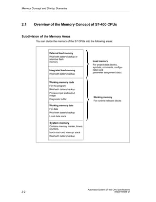 Memory Concept and Startup Scenarios

2.1

Overview of the Memory Concept of S7-400 CPUs

Subdivision of the Memory Areas
You can divide the memory of the S7 CPUs into the following areas:

External load memory
RAM with battery backup or
retentive flash
memory

Integrated load memory
RAM with battery backup

Load memory
For project data (blocks,
symbols, comments, configuration and
parameter assignment data)

Working memory code
For the program
RAM with battery backup
Process input and output
image
Diagnostic buffer

Working memory
For runtime-relevant blocks

Working memory data
For data
RAM with battery backup
Local data stack

System memory
Contains memory marker, timers,
counters,
block stack and interrupt stack
RAM with battery backup

2-2

Automation System S7-400 CPU Specifications
A5E00165965-01

 