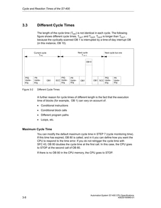 Cycle and Reaction Times of the S7-400

3.3

Different Cycle Times
The length of the cycle time (Tcyc) is not identical in each cycle. The following
figure shows different cycle times, Tcyc1 and Tcyc2. Tcyc2 is longer than Tcyc1 ,
because the cyclically scanned OB 1 is interrupted by a time-of-day interrupt OB
(in this instance, OB 10).

Next cycle
T cyc 2

Current cycle
T ting

Next cycle but one

OB10

PIQ
Upda–
ting

Figure 3-2

PII
Upda–
ting

OB1

PIQ
SCC Upda–
ting

PII
Upda–
ting

OB1

PIQ
OB1 SCC Upda–
ting

PII
Upda–
ting

Different Cycle Times

A further reason for cycle times of different length is the fact that the execution
time of blocks (for example, OB 1) can vary on account of:
• Conditional instructions
• Conditional block calls
• Different program paths
• Loops, etc.

Maximum Cycle Time
You can modify the default maximum cycle time in STEP 7 (cycle monitoring time).
If this time has expired, OB 80 is called, and in it you can define how you want the
CPU to respond to the time error. If you do not retrigger the cycle time with
SFC 43, OB 80 doubles the cycle time at the first call. In this case, the CPU goes
to STOP at the second call of OB 80.
If there is no OB 80 in the CPU memory, the CPU goes to STOP.

3-8

Automation System S7-400 CPU Specifications
A5E00165965-01

 