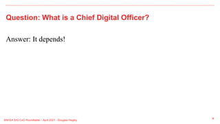 Question: What is a Chief Digital Officer?
Answer: It depends!
8
SIM EA SIG CxO Roundtable – April 2021 - Douglas Hegley
 