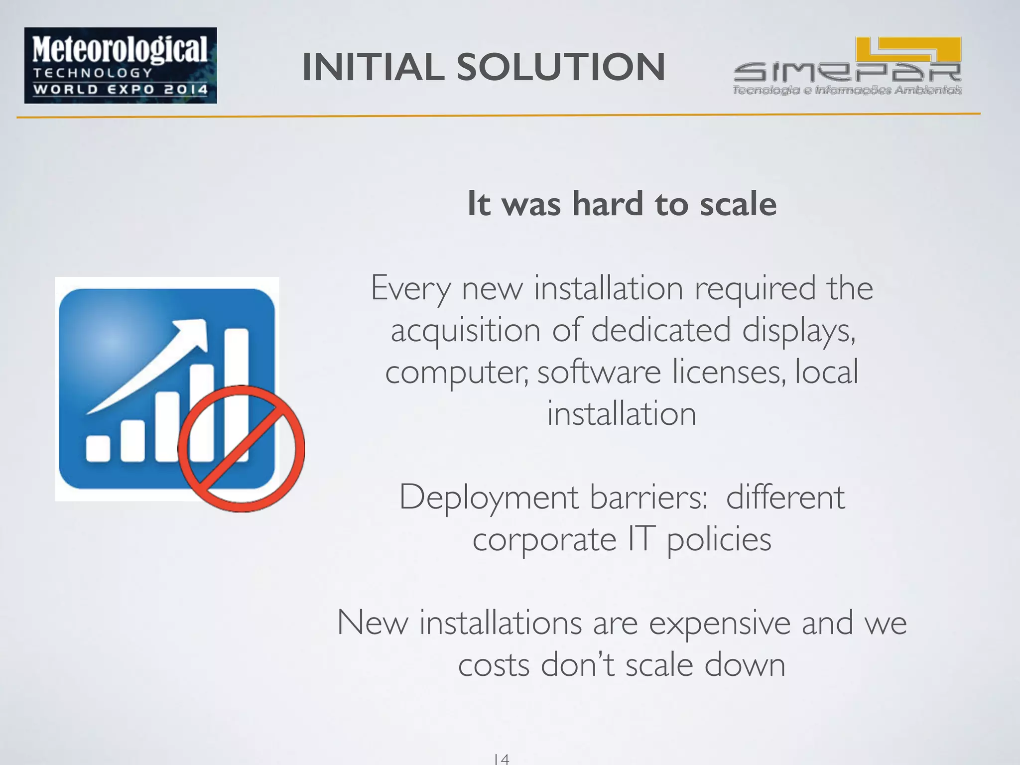 INITIAL SOLUTION 
It was hard to scale 
14 
! 
Every new installation required the 
acquisition of dedicated displays, 
computer, software licenses, local 
installation 
! 
Deployment barriers: different 
corporate IT policies 
! 
New installations are expensive and we 
costs don’t scale down 
 