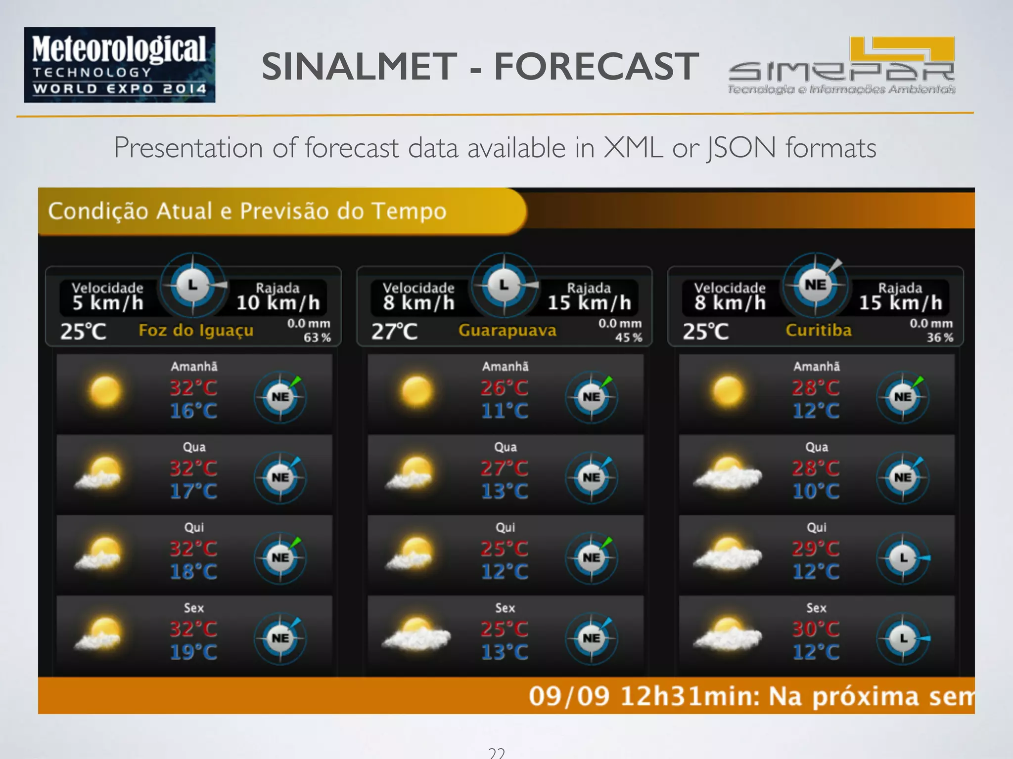 SINALMET - FORECAST 
Presentation of forecast data available in XML or JSON formats 
22 
 