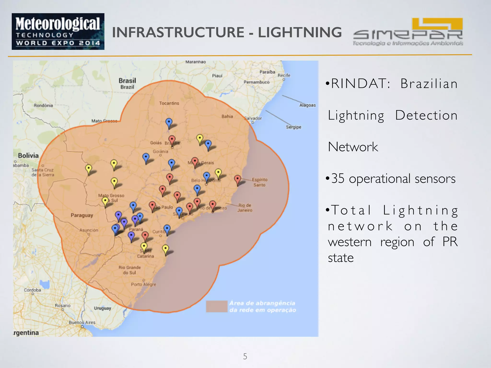 INFRASTRUCTURE - LIGHTNING 
5 
•RINDAT: Br azilian 
Lightning Detection 
Network 
•35 operational sensors 
•To t a l L i g h t n i n g 
n e t w o r k o n t h e 
western region of PR 
state 
! 
! 
 
