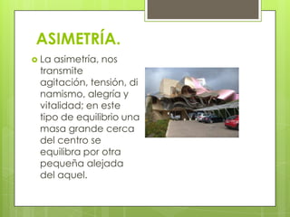 ASIMETRÍA.
 Laasimetría, nos
 transmite
 agitación, tensión, di
 namismo, alegría y
 vitalidad; en este
 tipo de equilibrio una
 masa grande cerca
 del centro se
 equilibra por otra
 pequeña alejada
 del aquel.
 