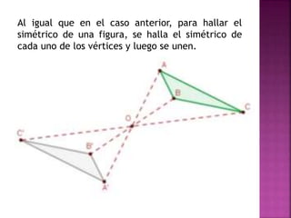 Al igual que en el caso anterior, para hallar el
simétrico de una figura, se halla el simétrico de
cada uno de los vértices y luego se unen.
 
