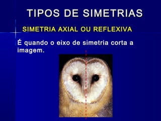 TIPOS DE SIMETRIASTIPOS DE SIMETRIAS
SIMETRIA AXIAL OU REFLEXIVA
É quando o eixo de simetria corta a
imagem.
 