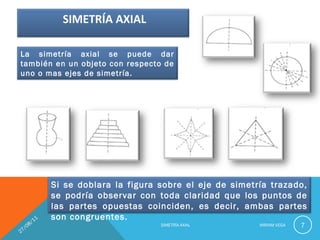 27/08/11 SIMETRÍA AXIAL  MIRIAM VEGA La simetría axial se puede dar también en un objeto con respecto de uno o mas ejes de simetría.  Si se doblara la figura sobre el eje de simetría trazado, se podría observar con toda claridad que los puntos de las partes opuestas coinciden, es decir, ambas partes son congruentes.  SIMETRÍA AXIAL 