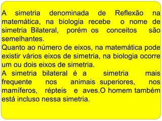 A simetria denominada de Reflexão na
matemática, na biologia recebe o nome de
simetria Bilateral, porém os conceitos são
semelhantes.
Quanto ao número de eixos, na matemática pode
existir vários eixos de simetria, na biologia ocorre
um ou dois eixos de simetria.
A simetria bilateral é a simetria mais
frequente nos animais superiores, nos
mamíferos, répteis e aves.O homem também
está incluso nessa simetria.
 