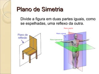 Plano de Simetria Divide a figura em duas partes iguais, como se espelhadas, uma reflexo da outra. 