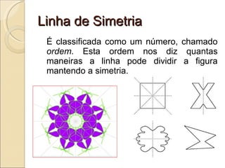 Linha de Simetria É classificada como um número, chamado  ordem . Esta ordem nos diz quantas maneiras a linha pode dividir a figura mantendo a simetria. 