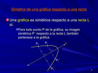 Simetría de una gráfica respecto a una recta Una  gráfica  es simétrica respecto a una  recta L  si: Para todo punto P de la gráfica, su imagen simétrica P´ respecto a la recta L también pertenece a la gráfica L P 1 • • • • P 2 P 2 ´ P 1 ´ 