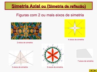 Simetria Axial ou (Simetria de reflexão)

     Figuras com 2 ou mais eixos de simetria




                                                 4 eixos de simetria
     2 eixos de simetria




                                                            ? eixos de simetria


3 eixos de simetria        6 eixos de simetria
 