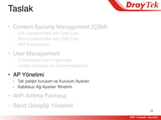 22
Taslak
• Content Security Management (CSM)
- URL Content Filter with DNS Filter
- Web Content Filter with DNS Filter
- APP Enforcement
• User Management
- Customized Login Page Logo
- Create Accounts for Accommodations
• AP Yönetimi
- Tak çalıştır kurulum ve Kurulum Ayarları
- Kablosuz Ağ Ayarları Yönetimi
• WiFi Airtime Fairness
• Band Genişliği Yönetimi
 