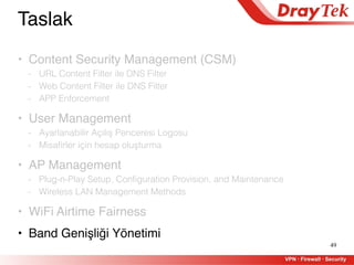 49
Taslak
• Content Security Management (CSM)
- URL Content Filter ile DNS Filter
- Web Content Filter ile DNS Filter
- APP Enforcement
• User Management
- Ayarlanabilir Açılış Penceresi Logosu
- Misafirler için hesap oluşturma
• AP Management
- Plug-n-Play Setup, Configuration Provision, and Maintenance
- Wireless LAN Management Methods
• WiFi Airtime Fairness
• Band Genişliği Yönetimi
 